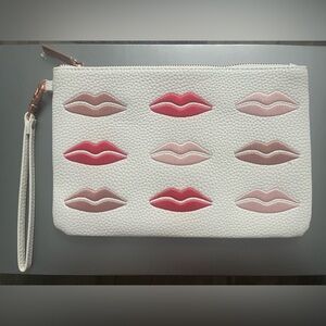 Beautybio White and Pink Leather Lip Pattern Wristlet Makeup Cosmetic Bag